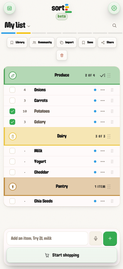 Sortl app showing a grocery list grouped into aisles